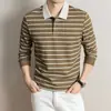 Camiseta de algodón a rayas acanaladas de manga larga para hombre, nuevo estilo otoño 2026, cuello camisero, casual, transpirable, cómoda, polo para hombre