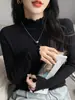 Blusa base texturizada chique azul para mulheres, outono e inverno, gola semi-alta, que reduz a idade, malha canelada interna, suéter de tricô