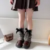 Calcetines cálidos de otoño e invierno para niñas con lazos, calentadores de manos de lana de punto acanalado estilo ballet de doble uso