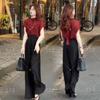 Terno Elegante da Moda para Mulheres 2025 Verão Novo Top Leve de Alta Qualidade Calças Slim de Cintura Alta Pernas Largas Conjunto de Duas Peças
