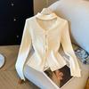 Otoño e Invierno Nuevo Estilo para Mujer Cuello Halter Cuello en V Encaje Empalmado Tejido de Punto Lazo Abertura Delgado Delgado Tejido de Punto