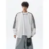 Moletom cardigã listrado com gola alta em color block estilo americano, jaqueta esportiva casual oversized da moda masculina para o outono
