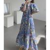 Vestido largo retro floral de estilo coreano 2025, nuevo, de moda para mujer, informal, estampado, elegante, antiedad, súper hada, azul