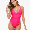 Amazon Transfronterizo Nuevo Traje de Baño de una Pieza para Mujer Sexy Color Sólido Cuello en V Cubre Vientre Ajustado Traje de Baño Triángulo