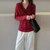 Camiseta Base para Mujer Elegante y Lujosa con Cuello Drapeado de Manga Larga Ajustada 2026 Primavera/Verano Camiseta Casual de Acetato Plisado