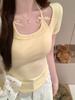 Verão Novo Estilo Laço Falso Duas Peças Gola Halter Gravata Camiseta Manga Curta para Mulheres, Garota Doce e Apimentada, Ajuste Slim, Estilo Curto Curvo