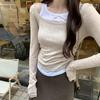 Primavera 2026 Nuevo Estilo Bloques de Color Falso Dos Piezas Plisado Corte Ajustado Estilo Chica Picante Ropa Interior Camiseta de Manga Larga para Mujer