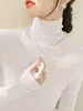 Elegante y sofisticado suéter de cuello alto verde oscuro con mangas largas, camisa base tejida para mujer A5455