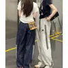 Calça esportiva de secagem rápida, estilo de rua, corte solto, com novo design para o início do outono, para mulheres, listrada, casual americana, cintura alta, bordada, perna larga