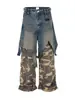 Jeans Cargo Camuflaje Americanos Retro Lavados Desgastados Rasgados Falsos de Dos Piezas Holgados Sueltos de Pierna Ancha