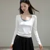 Conjunto de dos piezas Tencel Lyocell estilo coreano con bloques de color en capas: Camiseta de manga larga para mujer en otoño con cuello en U y top de cuello halter