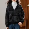 Suéter cárdigan casual a rayas con capucha y cierre de cremallera estilo retro americano para mujer, corte holgado, doble cremallera, chaqueta tejida para otoño e invierno