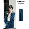 Conjunto de jaqueta moletom com capuz esportivo casual azul e calça para mulheres, novo conjunto estilo coreano outono 2026