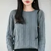 Camiseta básica casual de algodão puro para outono e inverno, novo estilo, gola redonda, blusa de tricô grossa com tranças, manga longa, solta, para mulheres