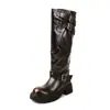 Botas de cavaleiro plissadas estilosas estilo britânico de 5,5 cm, novo modelo outono e inverno 2026, bico redondo, salto grosso, botas longas até o joelho