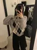 Cardigan Suéter de Tricô Erume Coreano Outono e Inverno Gola Polo Simples Cor Contrastante Versátil Padrão Matelassê Estilo Preppy para Mulheres