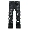 Jeans masculinos preto punk moderno transfronteiriço estilo americano, resistente, corte slim, com bordado de emblema de cruz, perna reta