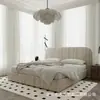 Cama de tela minimalista estilo retro británico color crema, moderna y sencilla, con un toque de lujo, con cama doble o individual de chenilla