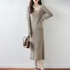 Vestido de punto para mujer 100% lana pura, cuello en U, color liso, cintura alta, adelgazante, cálido, estilo pullover, largo hasta la rodilla