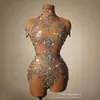Body Feminino Brilhante com Strass Sexy de Tela Transparente Fantasia de Dança Traje de Performance para Cantores e Dançarinos