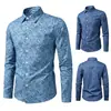 Nova camisa de manga comprida da Amazon para homens, com estampa de design retrô em jeans, corte solto e disponível em tamanhos grandes.