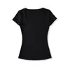 Camiseta de Verão 2026 Novo Estilo Gola Redonda Manga Curta para Mulheres, Estilo Garota Americana Badass, Cor Sólida, Ajuste Slim, Top Básico Emagrecedor