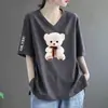 Comércio Exterior Transfronteiriço Roupas de Verão para Mães Estampadas Decote V Solto Tamanho Grande Casual Elegante Camiseta Feminina para Mulheres de Meia-Idade