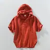 Camiseta Masculina de Linho com Capuz Manga Curta Estilo Chinês Lobo do Norte Nova Estilo Chinês Tamanho Grande Cor Sólida Primavera/Verão Algodão Linho Meia Manga