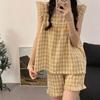 Pijama de Verano para Mujer Delgado a Cuadros Estilo Coreano Holgado Casual Manga Corta Shorts Mangas Pequeñas con Volantes Estilo Ins Conjunto para Estar en Casa