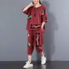 Conjunto de Manga Curta para Mulheres 2026 Verão Novo Estilo Solto Tamanho Grande Top Rasgado com Estampa Patchwork Casual Conjunto de Duas Peças para Mulheres Tendência