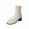 Botines Adelgazantes Estilo Coreano Suave Lazo Suela Silenciosa 2026 Otoño/Invierno Tacón Grueso Tacón Medio Punta Redonda Elásticos Ajustados al Tobillo Mujer