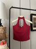 Foto Real de Camisola Hueca Estilo Pura Pasión con Cuello Halter para Mujer en Verano, Corte Ajustado para Usar por Dentro y por Fuera, Hermoso Estilo Corto Rojo