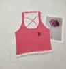 Camisola de Renda Sweet Spice Girl Feminina para Verão Peça Externa Costas Abertas Gola Alta Sem Mangas Tricô Justa Curta