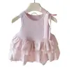Vestido sin mangas rosa tipo tank para niña estilo coreano con amarre en la espalda 2026 atuendo de verano para bebé con lunares, de malla, multicapa, vestido de princesa
