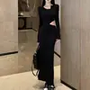 Vestido Negro Sexy de Estilo Francés para Mujer, de Manga Larga, Hueco en la Cintura, Revelador de Cintura, Asimétrico, Ajustado, Bodycon, para Primavera y Otoño