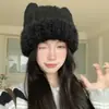 Chapéu de Outono/Inverno Estilo Coreano para Mulheres Chapéu Quente de Pelúcia Versátil para Circunferência de Cabeça Grande Chapéu para Frio Chapéu de Lã Tricotado com Orelha de Gato Fofo