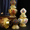 Ocho símbolos auspiciosos estilo Tíbet, jarrón de tesoro Mani de aleación tallado tridimensional, adecuado para guardar reliquias, altar budista casero, suministros budistas y adornos decorativos