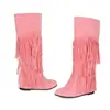 Botas Femininas de Cano Alto Versáteis para Outono e Inverno Solado de Borracha Antiderrapante Botas de Comércio Exterior Calce Fácil Salto Baixo Botas com Franjas Cor Sólida Transfronteiriças Tamanho Grande