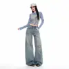 Jeans de mujer de pierna ancha y caída, estilo retro americano de otoño con patrón de bambú desgastado, pantalones de pierna curva, transfronterizos otoño 2026