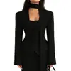 Moda Nova Europeia e Americana Transfronteiriça 2025 Cor Pura Gola V Lenço Decorado Manga Longa Casual Pequeno Terno Jaqueta Top Roupas Femininas