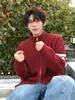 Suéter cárdigan rojo de tres rayas para hombre, estilo casual de invierno, prenda exterior del año zodiacal, cuello semi-alto, tejido de punto con doble cremallera