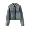 Chaqueta de mezclilla para mujer, marca de moda, colección otoño 2026, estilo biker clásico lavado, chaqueta corta de cuello redondo