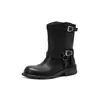 Textura explosiva piel de vaca lavada hebilla elegante Botas Martin 2026 Otoño/Invierno tacón medio grueso punta redonda botines de piel auténtica para mujer