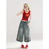Toalha Divertida Lavável para Cachorro Bordada em Shorts Jeans para Mulheres, Novo Estilo de Verão, Calças Cropped Soltinhas, Tendência