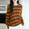 Colección nueva otoño/invierno 2026 transfronteriza: Suéter de lana de punto fino con cuello redondo, manga larga, para mujer, con bloques de color, rayas y base acanalada