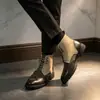 Botas Casuais de Couro com Cadarço de Cano Alto, Tamanho Grande, Sapatos Masculinos de Cor Lavada Única, Botas Martin Verdes de Bico Fino com Moda Retrô