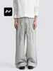 Pantalones de traje a rayas gris albaricoque retro americano Fengmei Unisex Holgados Botón de diseño para ir al trabajo Caída Casual Pierna ancha