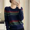 Suéter de Punto Rayas Bloque de Color Retro Cuello Redondo para Mujer Otoño Invierno Manga Larga Holgado Estilo Perezoso Top Base Delgado