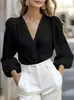 Blusa Feminina Europeia e Americana Transfronteiriça Gola V Francesa para o Trabalho OL Temperamento Manga Sino de Sete Pontos Emagrecedora Temperamento Camisa de Cor Sólida