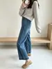 Número N.º 1~! Jeans reto de alta elasticidade em quatro direções com bordado para mulheres, novo modelo 2026, calça cropped larga solta